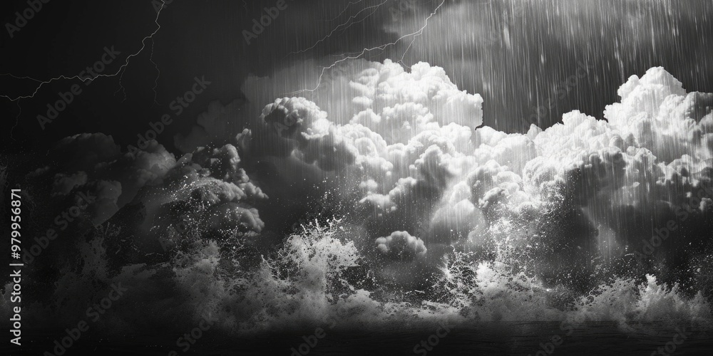 Poster black and white image of clouds during a thunderstorm, with lightning illuminating the dark sky