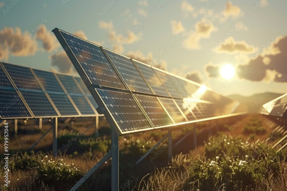 Poster a row of solar panels installed in an open field, generating renewable energy