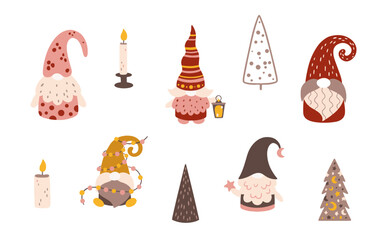 Vector illustration of funny Christmas gnomes, trees, gifts, candles. Set, set of Christmas elements