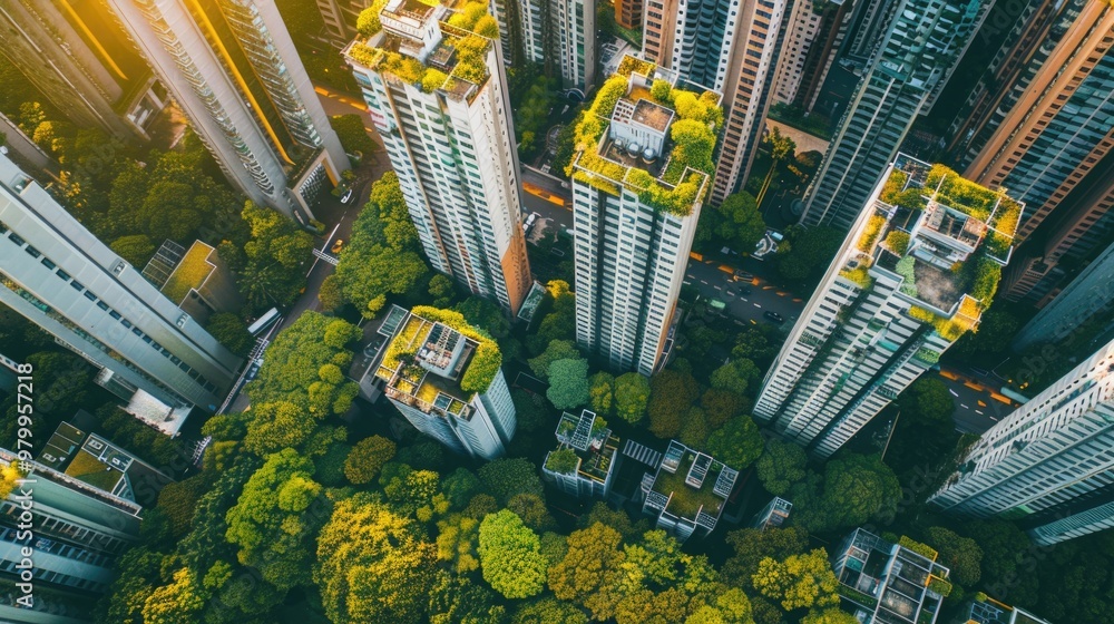 Poster aerial view of a metropolitan area with high-rise buildings, ideal for urban themes and architecture