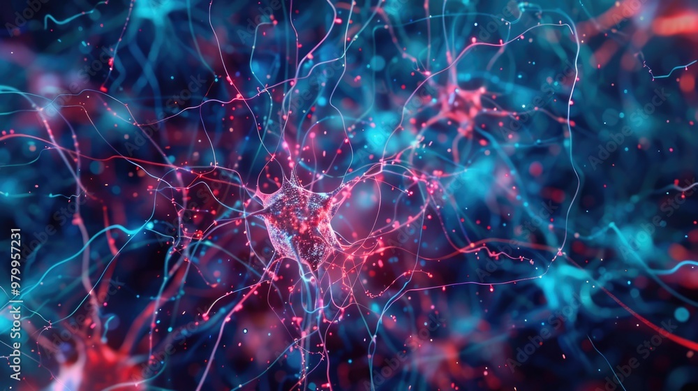 Poster A close-up shot of neurons with synapses and axons visible