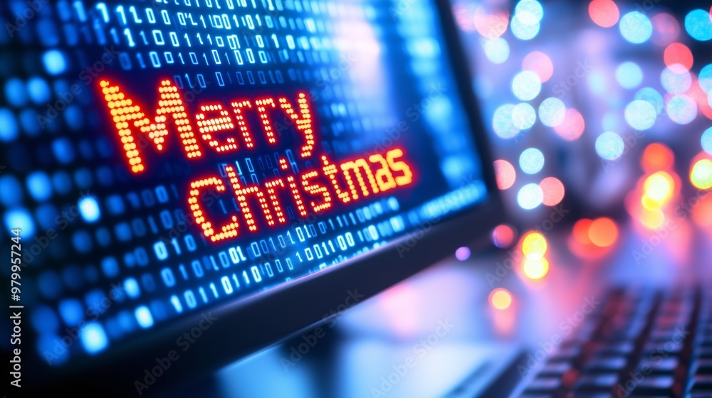 Poster merry christmas illuminated on a futuristic computer screen with binary code accents and led lights 