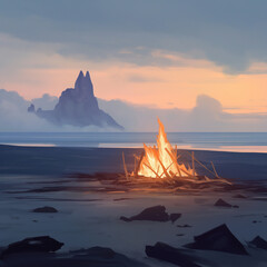浜辺でたき火。夕方。朝方。