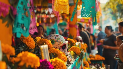 Vibrant Day of the Dead Celebration with Papel Picado Banners, Marigolds, and Sugar Skulls