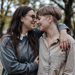 Fototapeta premium portrait of Lesbian Couple being loving and happy. Two gay girls kissing