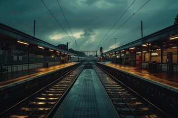 Obraz premium A train station with a train parked on the tracks