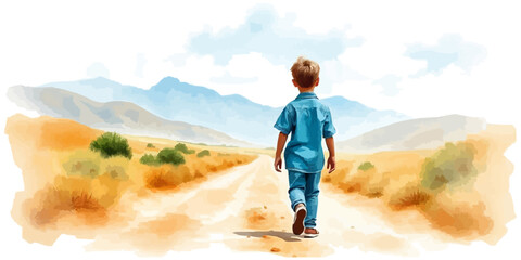 A young child walking alone behind. Watercolor illustration. Digital oil painting vector landscape. Alone boy artwork