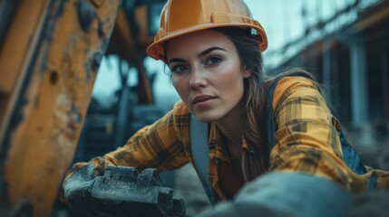 A female engineer in a safety helmet and plaid shirt works diligently on a complex project at a construction site, surrounded by machinery and materials, showcasing her focus and expertise