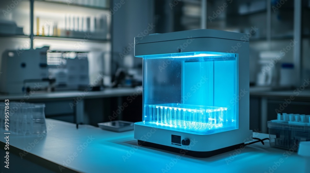 Poster A high-tech laboratory setup features a illuminated unit designed for conducting experiments. Clear test tubes are positioned inside, showcasing a modern research environment during evening hours.