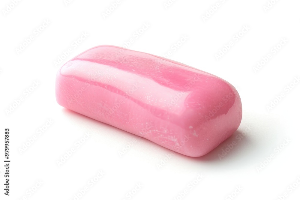 Poster a single pink soap bar sits on a white surface, ready for use