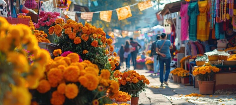 Colorful D&iacute;a de los Muertos Marketplace with Marigolds, Ofrendas, and Papel Picado Decorations