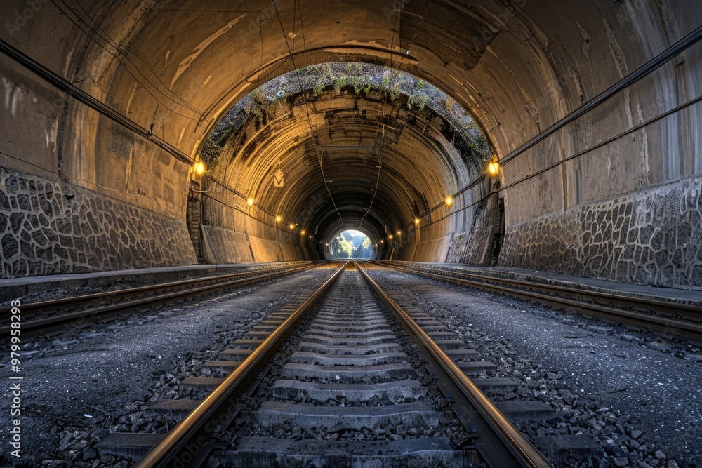 Poster Train traveling through a tunnel on its way to destination