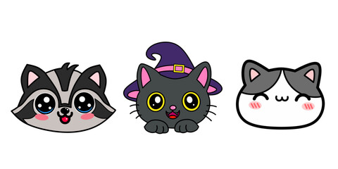 Fototapeta premium Set of cute animals cartoon character design. Raccoon, black cat, kitten on kawaii style hand drawn. Vector illustration.