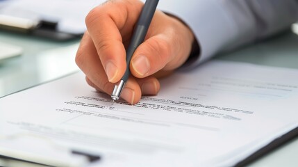 Close-up of Businessperson Analyzing Financial Charts and Graphs with Pen, Working on Data and Reports in Office