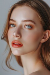 Fototapeta premium Close-up shot of a woman's face with bright orange lipstick, suitable for use in beauty or fashion contexts
