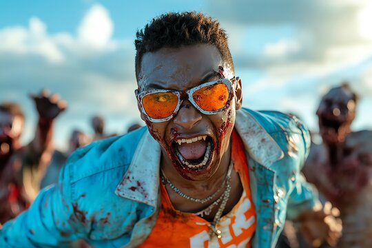 A zombie apocalypse film, where survivors must band together to fight off hordes of the undead while searching for safety