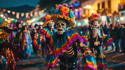 Vibrant Nighttime Parade Celebrating Día de los Muertos with Colorful Costumes and Giant Skeleton Puppets