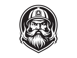 Black and White Firefighter Illustration Shield Badge Icon. Concept of Courage, Protection, Fireman Symbol, Heroic Figure. Design Element, Rescue Emblem, Safety Logo, Emergency Service
