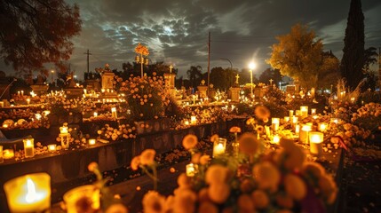 Traditional Mexican Cemetery Illuminated for Dia de los Muertos with Marigolds and Candles