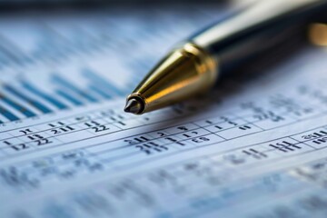 A pen is on top of a sheet of paper with a bunch of numbers and graphs