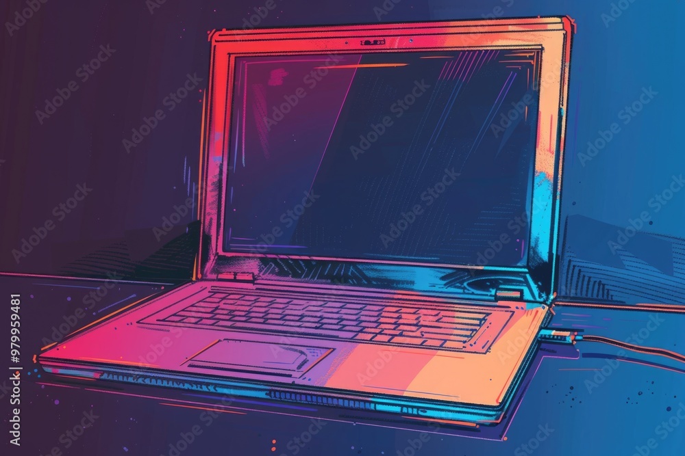 Poster a laptop computer sitting on a desk, ready to use