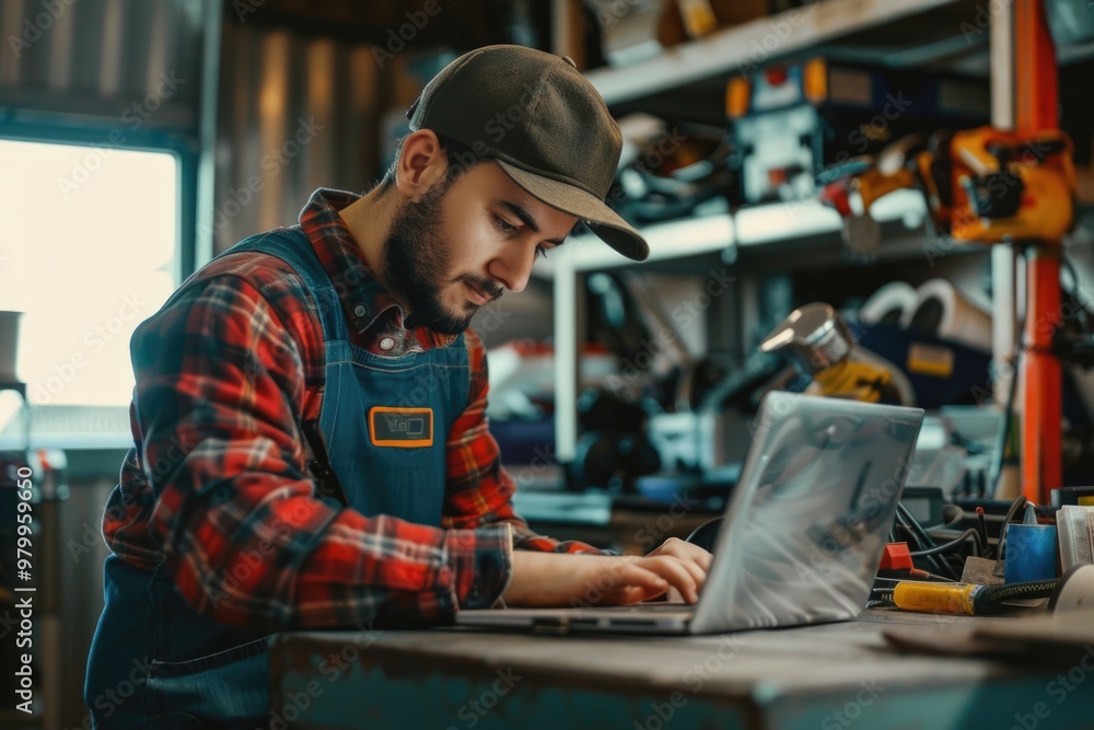 Aufkleber a person working on a laptop in a well-lit workshop setting