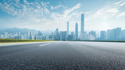 Obraz premium Asphalt highway road and city skyline with modern buildings scenery in Guangzhou. Car background..generative ai