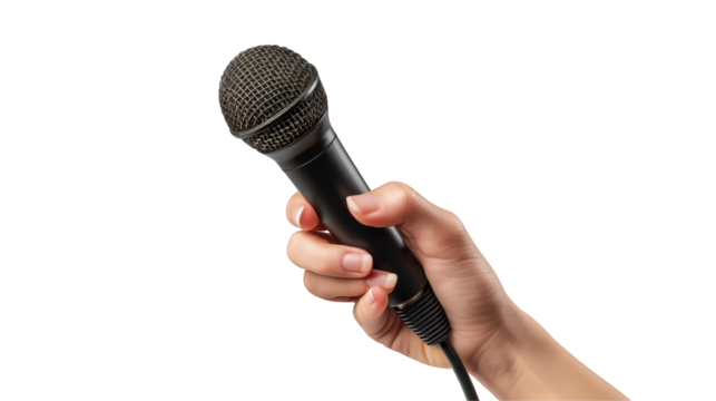 Hand holding microphone isolated on transparent background.