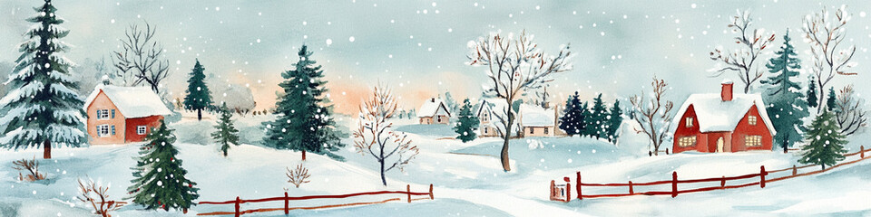 Obraz premium Retro style winter village watercolor hand drawing. Banner with country houses trees and snowfall.