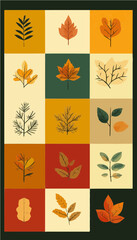 Colorful grid of stylized autumn leaves in warm tones. Perfect for seasonal branding or fall-themed design projects.