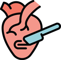 Minimalist illustration of a scalpel cutting a human heart, representing heart surgery, heart disease, and medical procedures