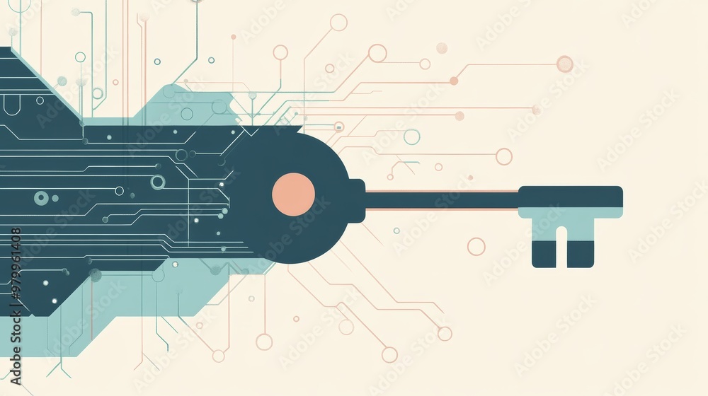 Poster key entering lock with circuit board background
