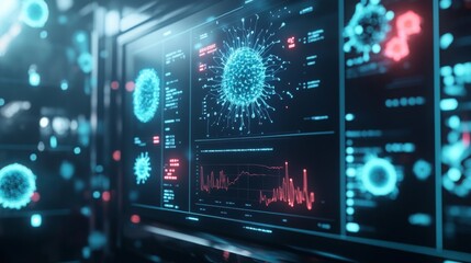 In a cutting-edge laboratory, digital screens display intricate virus data including visual analytics and statistics