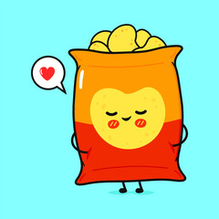 Chips in love character. Vector hand drawn cartoon kawaii character illustration icon. Isolated on blue background. Chips character concept