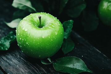 Crisp green juicy apple under the rain 