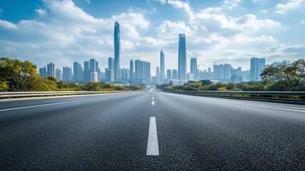 Obraz premium Asphalt highway road and city skyline with modern buildings scenery in Guangzhou. Car background..generative ai