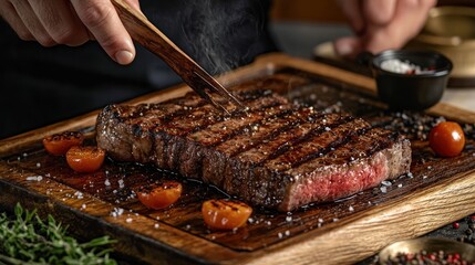 Grilled Steak on Wooden Board
