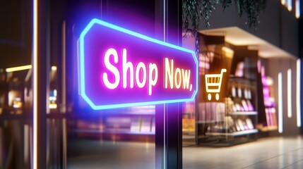 A sleek neon storefront sign reading "Shop Now," with a glowing shopping cart symbol and sale prices visible.