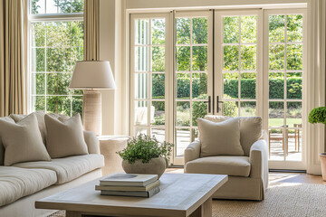 Airy living room with light-colored furniture and a view of the garden