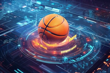 Illustrate a futuristic basketball design with interactive features that record player data when usedgenerative ai
