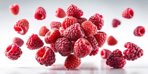 A Cluster of Raspberries Falling in Motion, Food Photography, Fruit, Still Life, Red, Berry, Raspberry