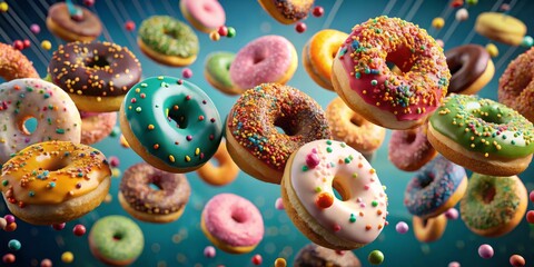 A Dozen Donuts in Mid-Air with Colorful Sprinkles, blue background, colorful, sweet, donuts, sprinkles, sugary