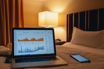 Laptop and smartphone with charts and data on the screen in a hotel room