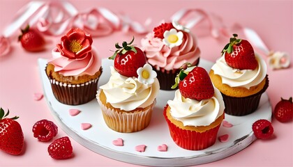 Modern Mothers Day Cupcake Banner with Strawberry Design for Gift and Sale Promotion in Confectionery Shop