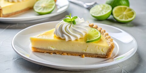 Close-up of a slice of Key Lime Pie with whipped cream and a lime wedge on a white plate, key lime pie, dessert, recipe, food photography, lime pie, key lime