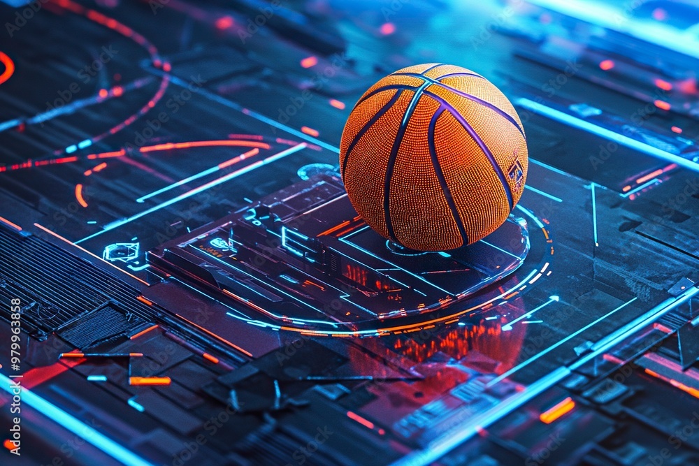 Poster illustrate a futuristic basketball design with interactive features that record player data when use