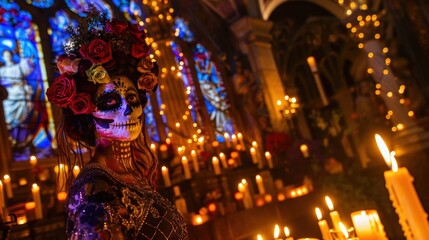 Obraz premium La Catrina in Cathedral Surrounded by Candles and Stained Glass Reflections