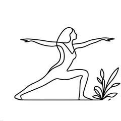 Fototapeta premium Line vector illustration of a female figure in a warrior yoga pose, with one leg extended back and arms extended to the sides, next to a plant.