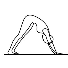 Line vector illustration of a female figure in downward facing dog yoga pose, done in a minimalist style using one continuous line.