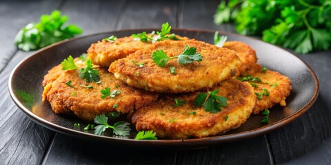 Fototapeta premium Crispy Fried Potato Patties with Parsley Garnish, Potato Patties, Fried Food, Parsley Garnish